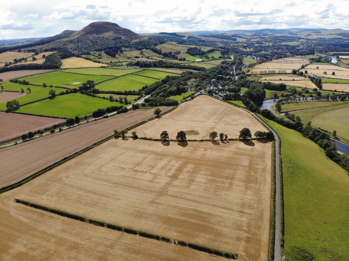 Aerial view of the fields where the Roman fort Trimontium lay. The outline of the fort is still visible in the cropmarks.