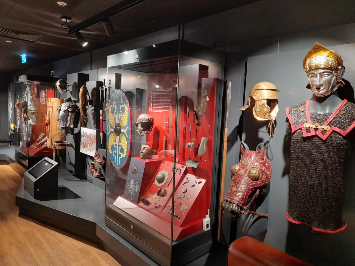 A display of Roman military equipment.