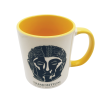 face of Roman Scotland coffee mug, yellow handle, white mug with yellow interior