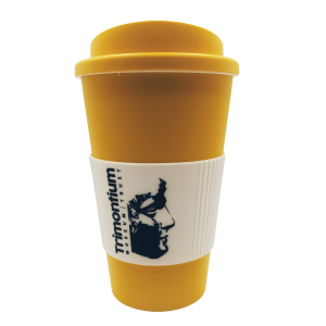 yellow travel mug with Trimontium logo
