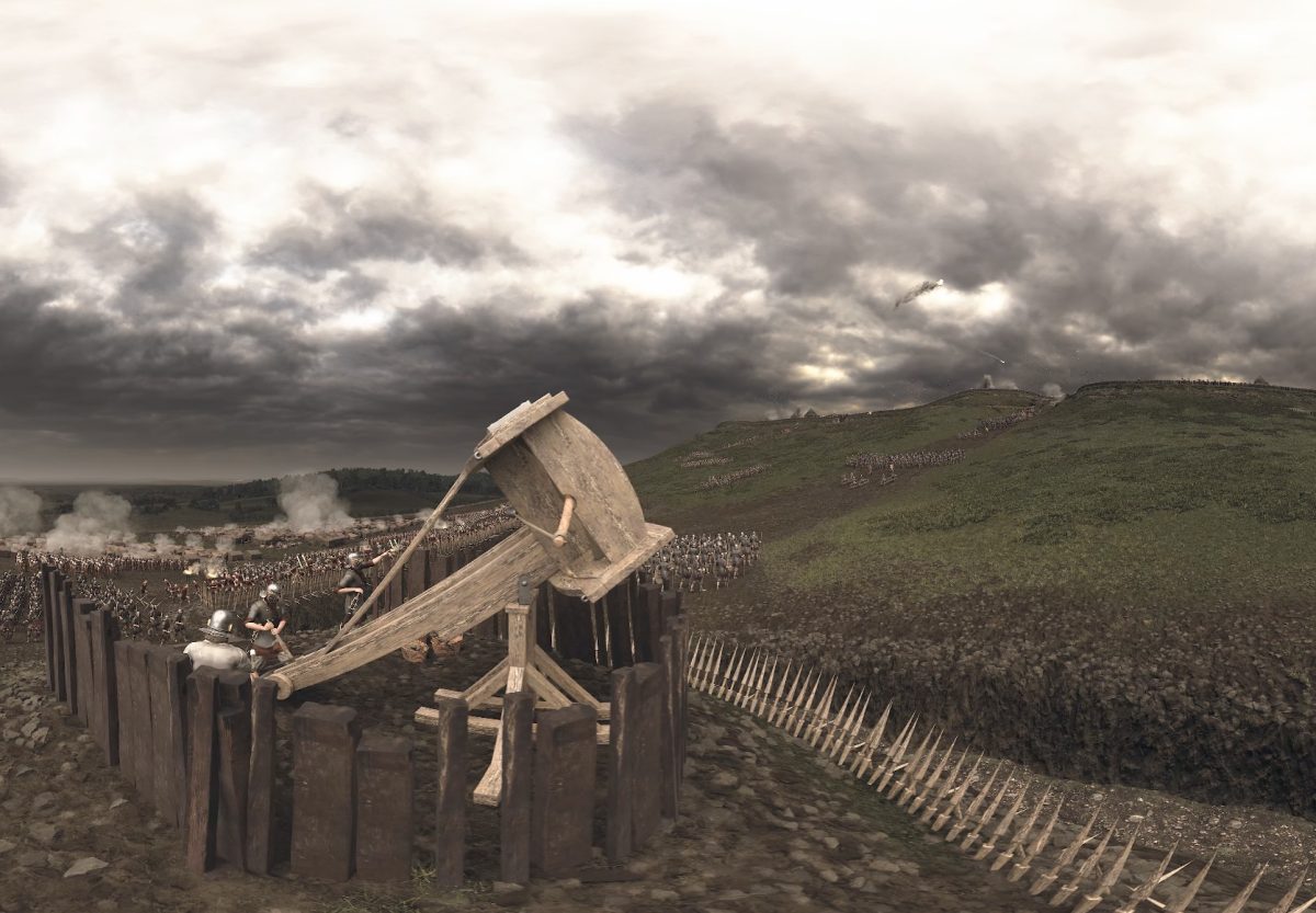 Roman ballista aimed at the native hillfort of Burnswark, against a backdrop of the Roman legions and a threatening sky.
