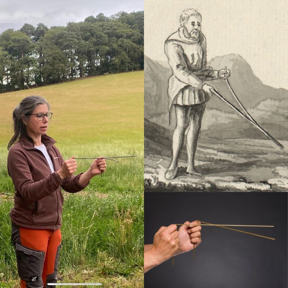 A collage of three images illustrating dowsing: a woman holding dowsing rods over a green landscape; a vintage illustration of a man dowsing and a close up of hands holding dowsing rods