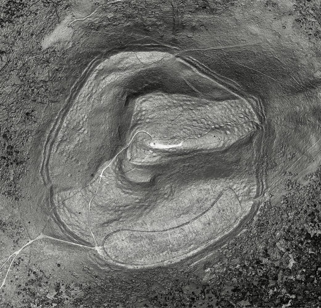 Aerial view of Eildon Hill North, black and white showcasing traces of roundhouses