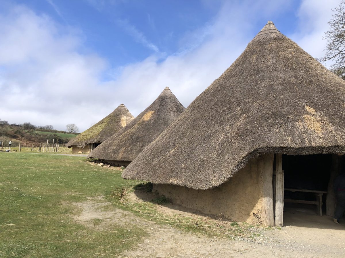 3 roundhouse reconstructions in a line towards the horizon over grass with a blue sky with clouds, some trees in the distance. Castell Henlys.
