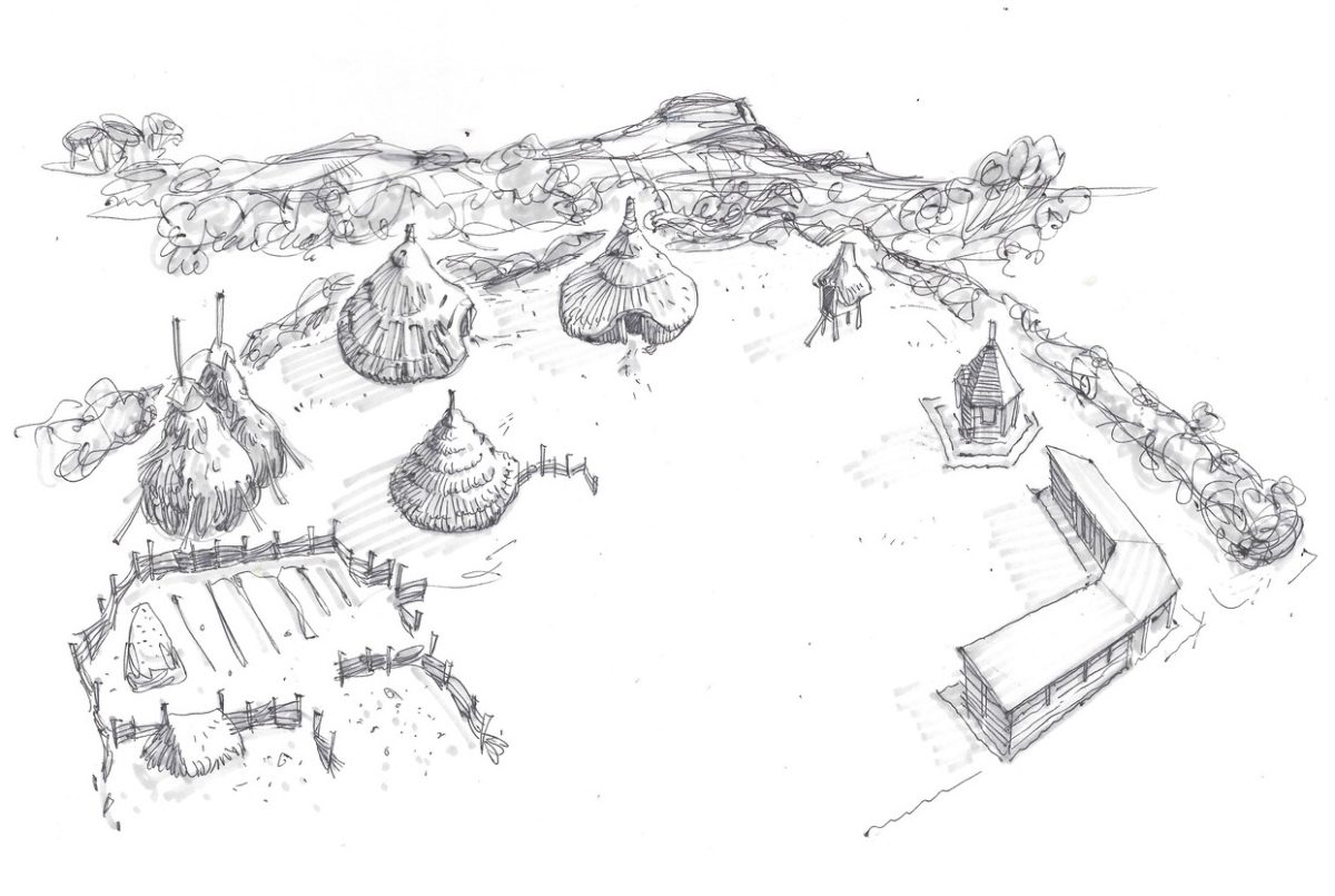 Artistic rendering of how Tribryn may look like with a variety of Iron Age roundhouses and other structures