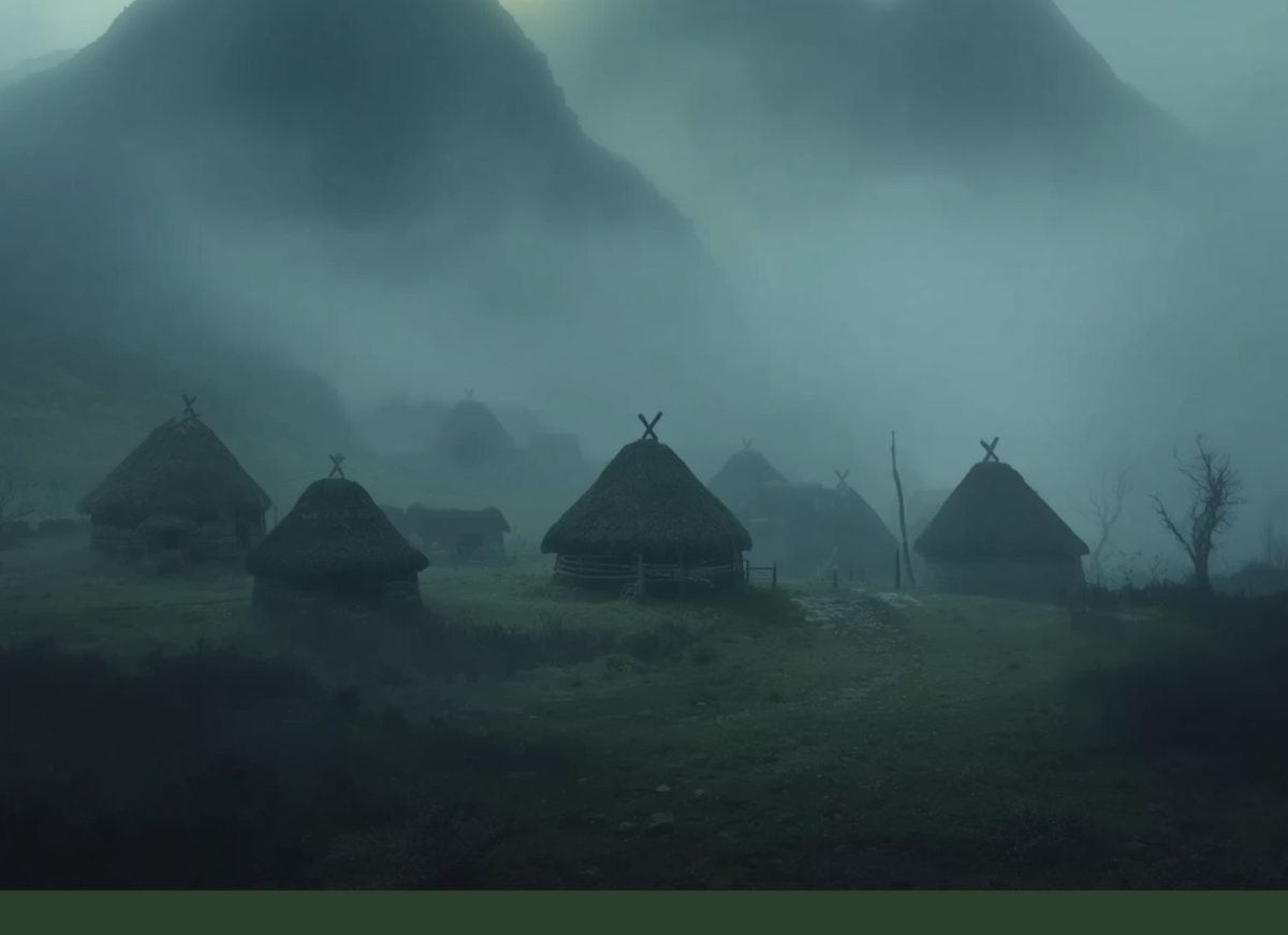 An artistic atmospheric rendition of Iron Age roundhouses in the mist at the foot of 3 hills